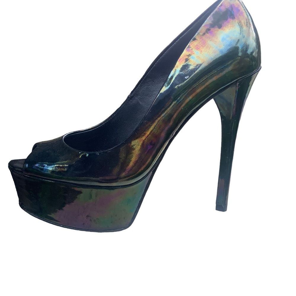 BRIAN ATWOOD Platform Stiletto Heel Pumps. Black Patent Leather.Peep-toe. Sz 5.